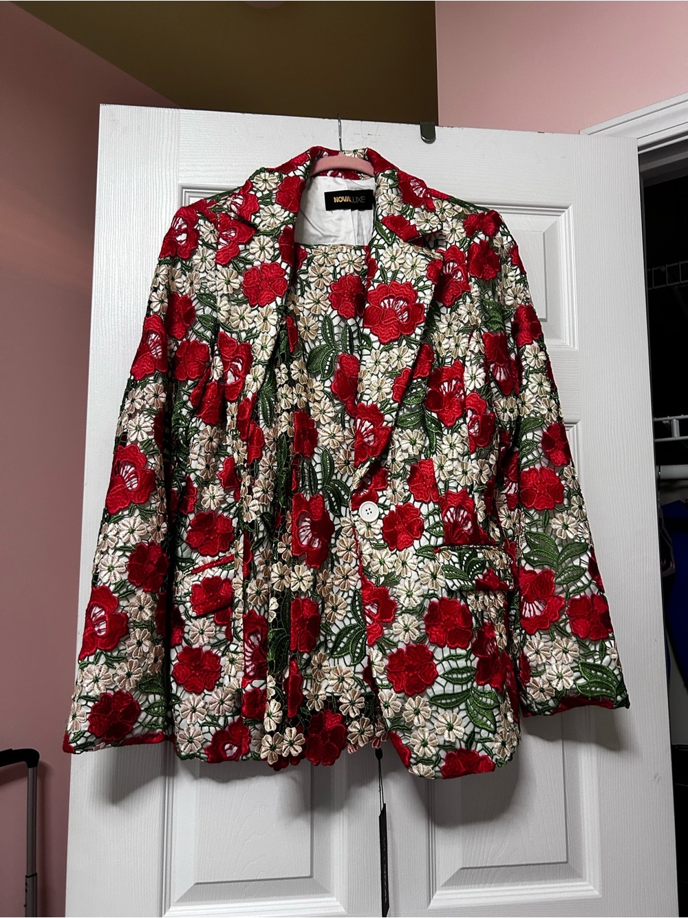 Noble U Red Floral Quilted Blazer with Green Leaves and Cream Base